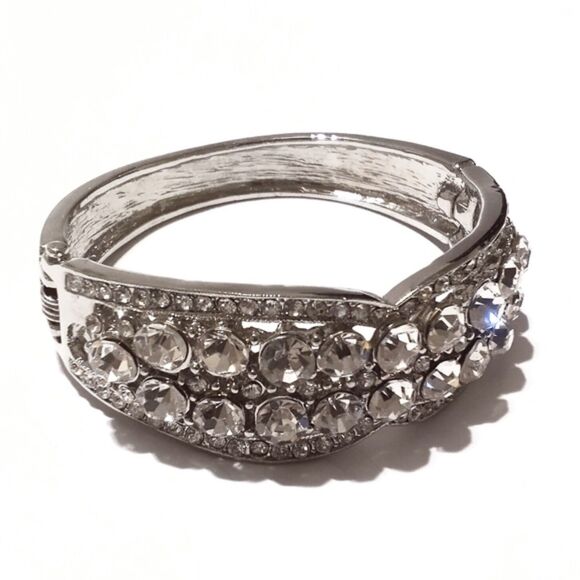 Hinged Silver Tone Clear Rhinestone Ornate Bangle Bracelet - Picture 2 of 5